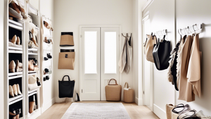 An interior image of a clean and organized room that features a variety of bag organizers hanging on the wall or from the ceiling. The organizers come in different shapes and sizes to accommodate vari