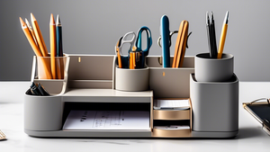 An image of a stylish desk organizer with compartments for pens, pencils, rulers, scissors, paper clips, and other office supplies, in a sleek and modern design. The organizer should be made of high-q