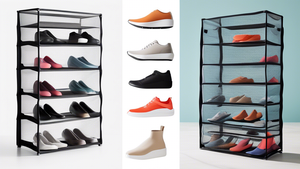 A minimalist, space-saving shoe storage solution featuring a compact, stackable design with multiple shelves and breathable mesh panels for organizing and ventilating a variety of footwear.