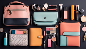 A woman's handbag, organized with a variety of small organizers, each containing a different category of items, such as makeup, pens, keys, and electronic devices. The organizers are different colors 