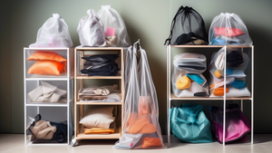 A collection of clear and mesh bags of varying sizes organized in a tall cabinet; the room is otherwise messy with clothes, shoes, and other items strewn about