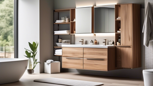 A modern bathroom with vanity cabinets in various styles and finishes, organized neatly with drawers, shelves, and compartments for optimum storage. The cabinets are sleek and complement the bathroom'