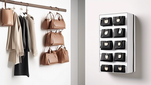 An innovative and visually appealing storage solution for bags, featuring a sleek and functional design that keeps bags organized and easily accessible. The image should convey a sense of space-saving