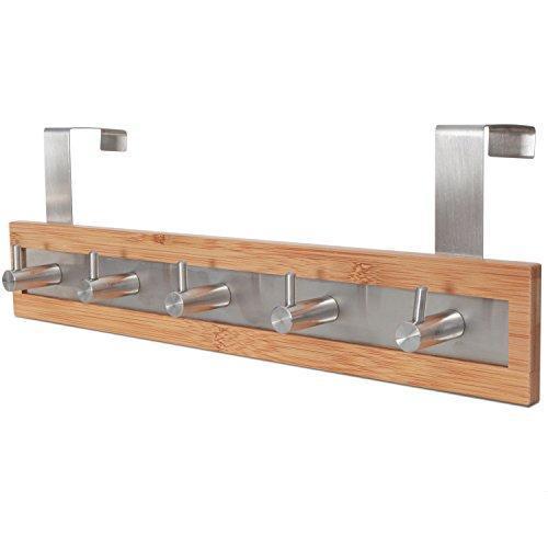 ToiletTree Products Bamboo Wood & Stainless Steel Over the Door Towel Rack, 5 Hooks