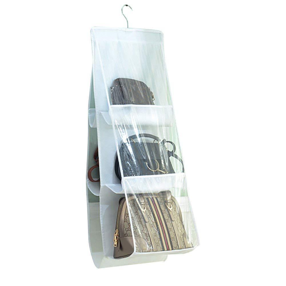 QEES 2 PCS Hanging Purse Handbag Organizer 6 Larger Pockets Clear Cloth Dust-Proof Storage Holder Bag Purse Door Organizer for Handbags, Caps, Accessories for Home Wardrobe Closet YFZ06 (White)