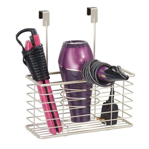 mDesign Farmhouse Metal Bathroom Over Cabinet Door Hair Care & Styling Tool Organizer Storage Basket for Hair Dryer, Flat Iron, Curling Wand, Hair Straightener, Brushes - Holds Hot Tools - Satin